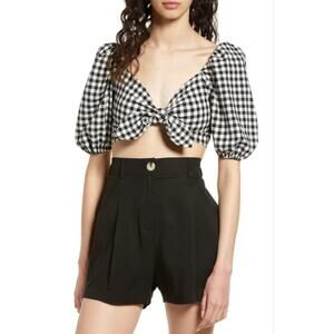WAYF Womens SZ Large Black/White Buffalo Check Knot Front Linen Blend Crop Top